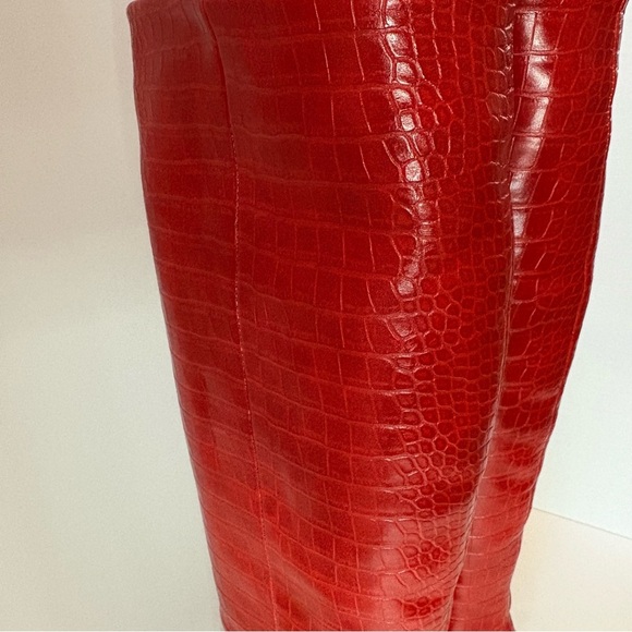 Unbranded Red Croc Embossed Knee High Boots Gold Heel Pointed Toe Size 8 - Picture 12 of 16